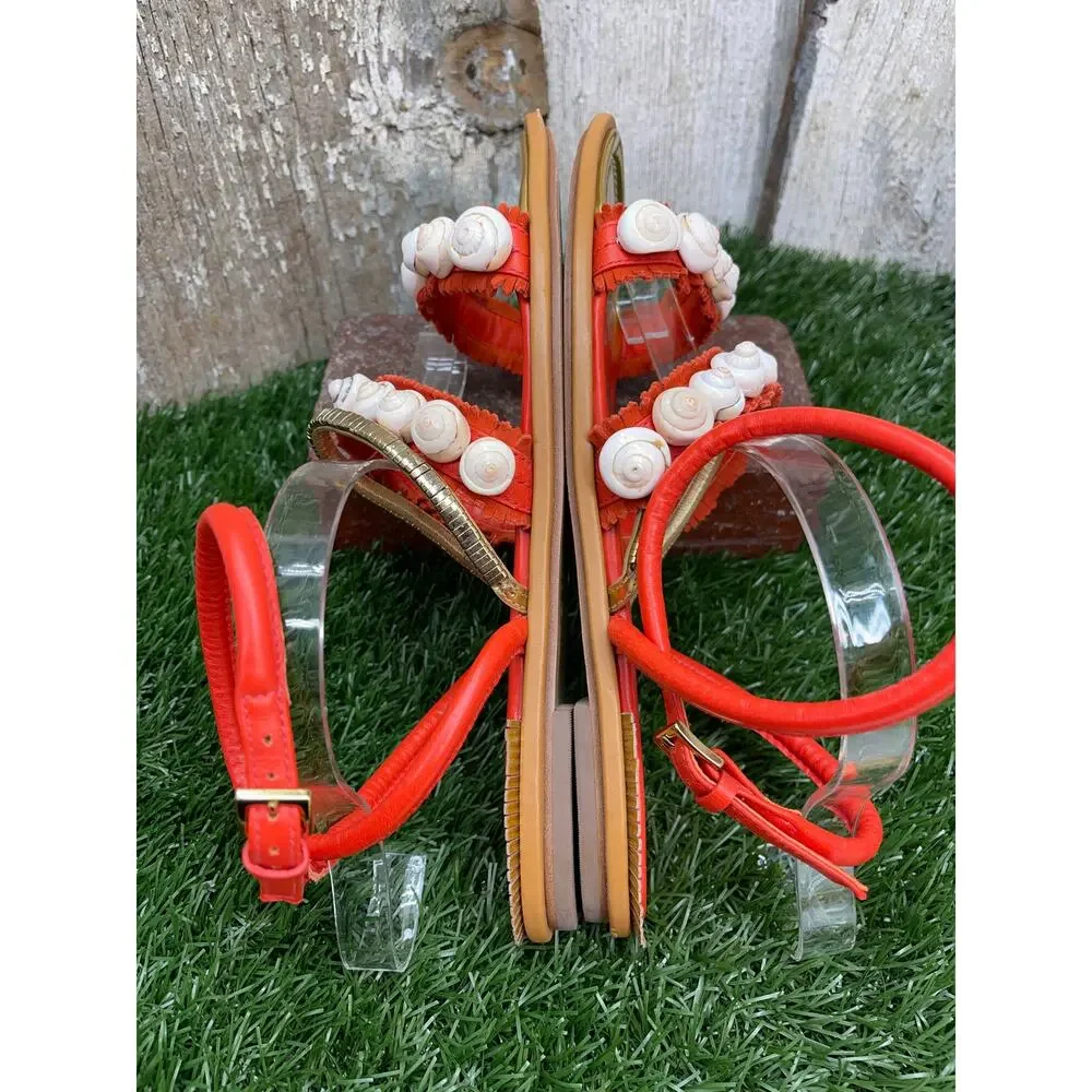 Tory Burch Sinclair Seashell Ankle-Wrap Sandal Coral Orange Red Women's 9.5M